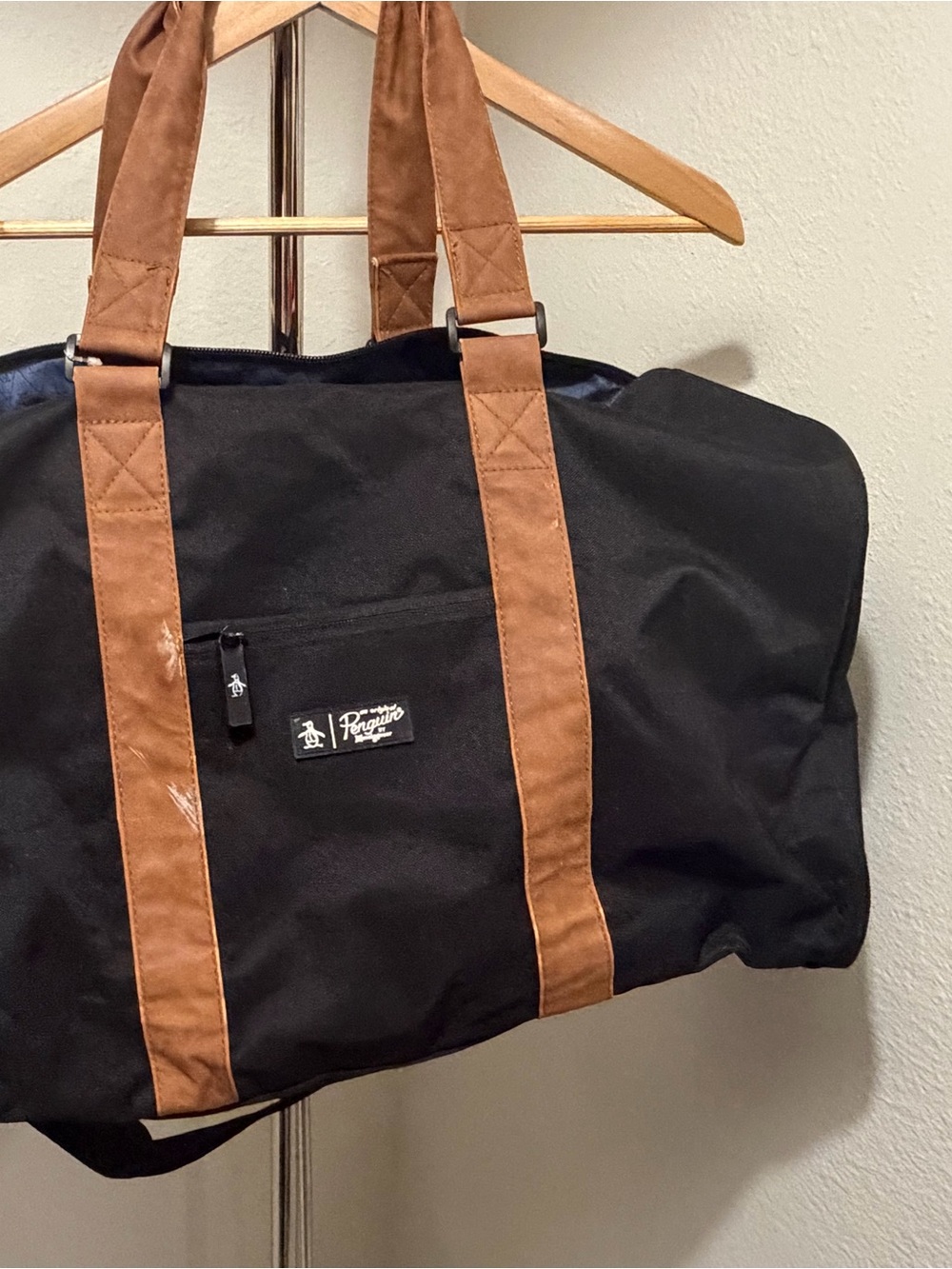 Original Penguin Black and Brown Canvas Duffel with Front Zip Pocket